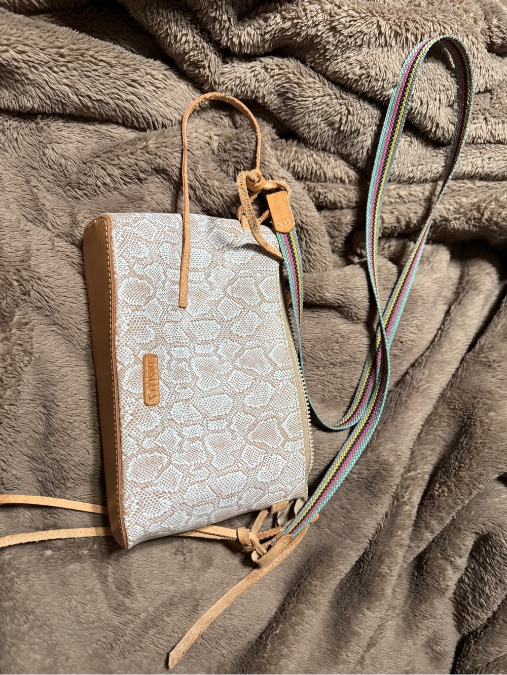 Consuela White Patterned Crossbody with Tan Trim and Multicolor Strap